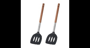 Excellent Houseware Bakspatel/bakspaan - 2x - zwart kunststof/acacia hout - 34 cm