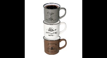 Excellent Houseware Koffiemok Cosy - set van 3x - wit / bruin / grijs - 330 ml - mokken - keramiek