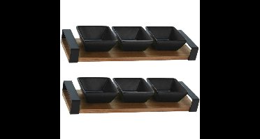 Excellent Houseware serveerplank - 2x stuks - acacia hout - 3 schaaltjes - 32 x 10 cm - aardewerk