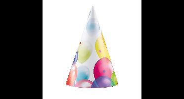 Feesthoedjes - 8x stuks - karton - met ballonnen opdruk - verjaardag