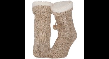 Fleece huissokken/slofsokken - dames - beige - warme voering - comfortabel - gebereid