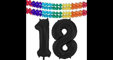Folat folie ballonnen - Leeftijd cijfer 18 - zwart - 86 cm - en 2x slingers