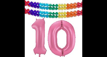 Folat Verjaardag Leeftijd folieballon - 10 jaar - roze - 86 cm - incl 2x slingers