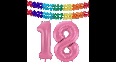 Folat Verjaardag Leeftijd folieballon - 18 jaar - roze - 86 cm - incl 2x slingers