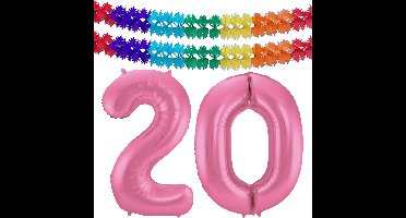 Folat Verjaardag Leeftijd folieballon - 20 jaar - roze - 86 cm - incl 2x slingers