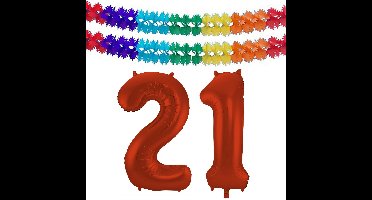 Folat Verjaardag Leeftijd folieballon - 21 jaar - rood - 86 cm - incl 2x slingers