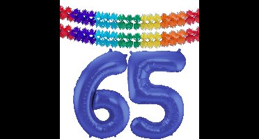 Folat Verjaardag Leeftijd folieballon - 65 jaar - blauw - 86 cm - incl 2x slingers