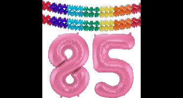 Folat Verjaardag Leeftijd folieballon - 85 jaar - roze - 86 cm - incl 2x slingers
