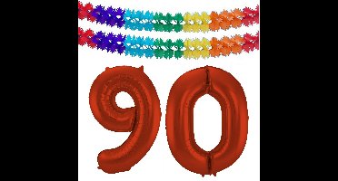 Folat Verjaardag Leeftijd folieballon - 90 jaar - rood - 86 cm - incl 2x slingers