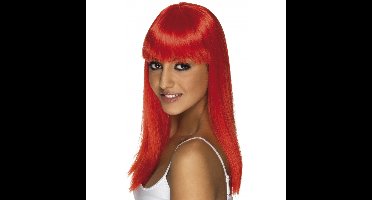 Glamour pruik met neon rood stijl lang haar - voor dames - verkleed pruiken - carnaval