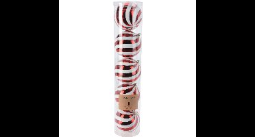 Grote kerstballen - 5x stuks - 10 cm - rood/wit - strepen - kunststof - kerstversiering
