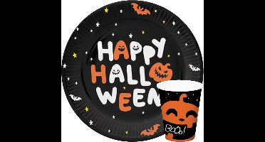 Halloween thema feest servies bord en beker - 24x - pompoen BoOo! print - papier