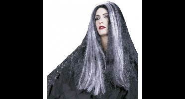 Heksen verkleed pruik - lang grijs/zwart haar - damespruik - Halloween/carnaval