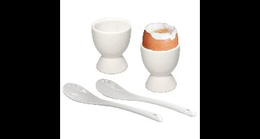 HI Eierdopjes - 2x stuks met lepel - keramiek - 6 cm - wit - eierdop