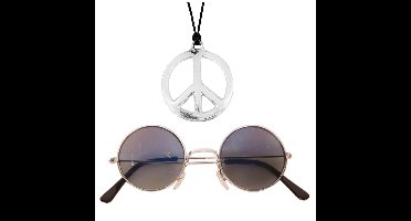 Hippie Flower Power sieraden set peace-sign ketting met groovy bril