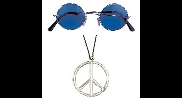 Hippie Flower Power Sixties verkleed set ketting met blauwe party bril