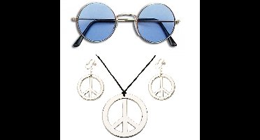 Hippie Flower Power Sixties verkleed sieraden met blauwe party bril