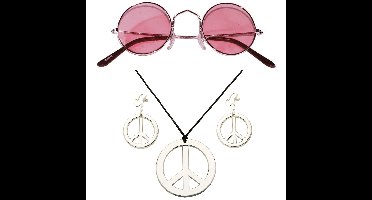 Hippie Flower Power Sixties verkleed sieraden met roze party bril