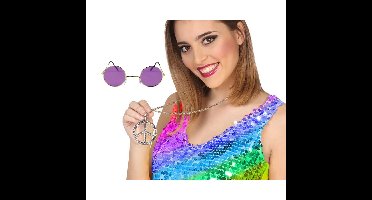 Hippie Flower Power verkleed accessoires set - ronde glazen bril paars - peace teken ketting
