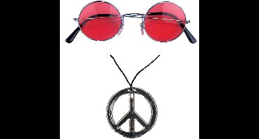Hippie Flower Power verkleed set - peace ketting - met party bril - rood