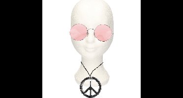 Hippie Flower Power verkleed set - peace ketting - met party bril - roze