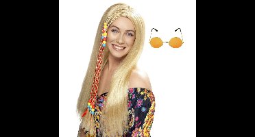 Hippie Sixties Flower Power verkleedset dames - Pruik blond - bril ronde glazen roze