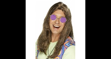 Hippie Sixties verkleed set - Pruik lang haar bruin - bril ronde glazen paars - heren