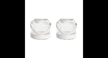 Home & Styling Kaarsen houder - 2x stuks - windlicht - wit - glas met touw - 18 cm