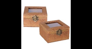 Houten opbergkistje met deksel - 2x - bruin - 10 x 10 x 6 cm - Sieraden/spulletjes/sleutels