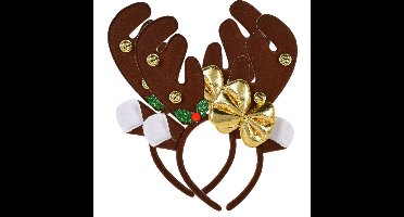 Kerst diadeem/haarband - 2x - rendier gewei met strikje - donkerbruin - 25 cm