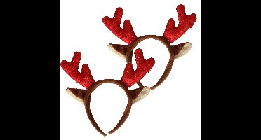 Kerst diadeems - 2x - rendier gewei - rood - met oren - haarband - kerstaccessoires