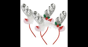 Kerst diadeems/haarbanden - 2x - rendier gewei met oren - zilver - polyester - accessoires
