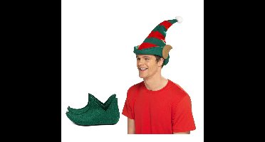 Kerst Elfen verkleed set - puntmuts - met oren - volwassenen - met groene schoenen - one size