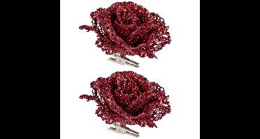Kerstboomversiering Bloemen - 4x - 10 cm - rood glitter - op clip - ornament - roos
