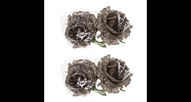 Kerstboomversiering Bloemen - 4x stuks - 10 cm - zilver glitter - op clip - ornament
