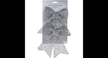 Kerstboomversiering Strikjes - 2x stuks - zilver - 33 cm - glitters - op clip