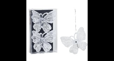 Kersthangers vlinders -2x-transparant met wit glitter -15cm -kunststof