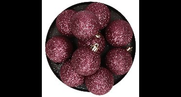 Kerstversiering set glitter kerstballen Aubergine roze 6 - 8 cm - pakket van 30x stuks