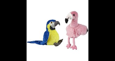 Knuffeldieren set papegaai en flamingo pluche knuffels 18 cm