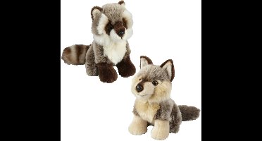 Knuffeldieren set wolf en wasbeer pluche knuffels 18 cm