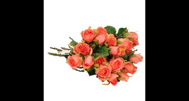 Kunstbloemen boeket Rozen - 8x - 44 cm - koraal roze - Kunst zijdebloemen