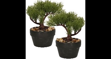 Kunstplant bonsai boompje in pot - 2x - Japans decoratie - 19 cm - Type Needle