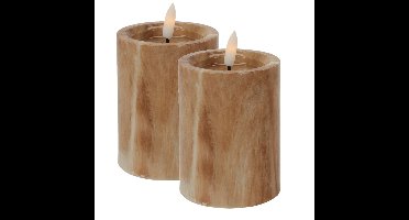 LED kaars/stompkaars - 2x st - bruin marmer look - D7,5 x H10 cm
