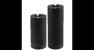 LED kaarsen/stompkaarsen - set 2x - zwart - D7,5 x H15 en H20 cm - timer