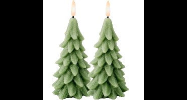 LED kerstboom kaars - 2x - groen - 15 cm - batterijen - timer - kerstboom vorm kaarsen
