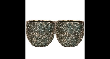 Luxe plantenpot/bloempot Madeira - Set van 2x stuks - blauw/goud - keramiek - 14 cm