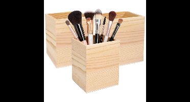 Make up organizer bakje - 3x - hout - 8 x 8 x 10 cm - vierkant - sorteerbakje - kwasten