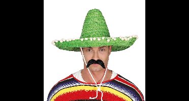 Mexicaan Carnaval verkleed set - Grote sombrero hoed - Dia 50 cm - groen - met plaksnor - heren