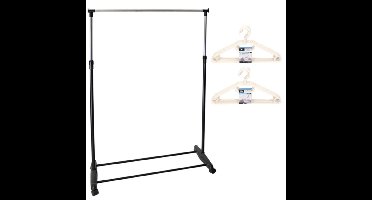 Mobiel kledingrek enkele stang 90-160 cm incl. 20 witte kledinghangers