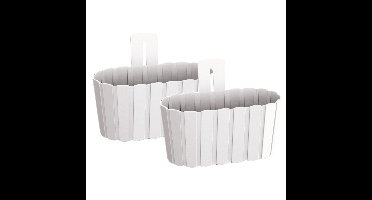 Muur plantenpot/bloempot houtlook - Set van 2x stuks - kunststof - 27 x 15 cm - parel wit